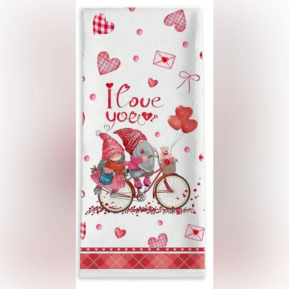 Valentine Gnomes by Bike Pink Love Hearts Dish Tea Towel
